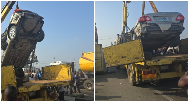 Driver survives as 40-foot container crushes car in Lagos Driver survives as 40-foot container crushes car in Lagos