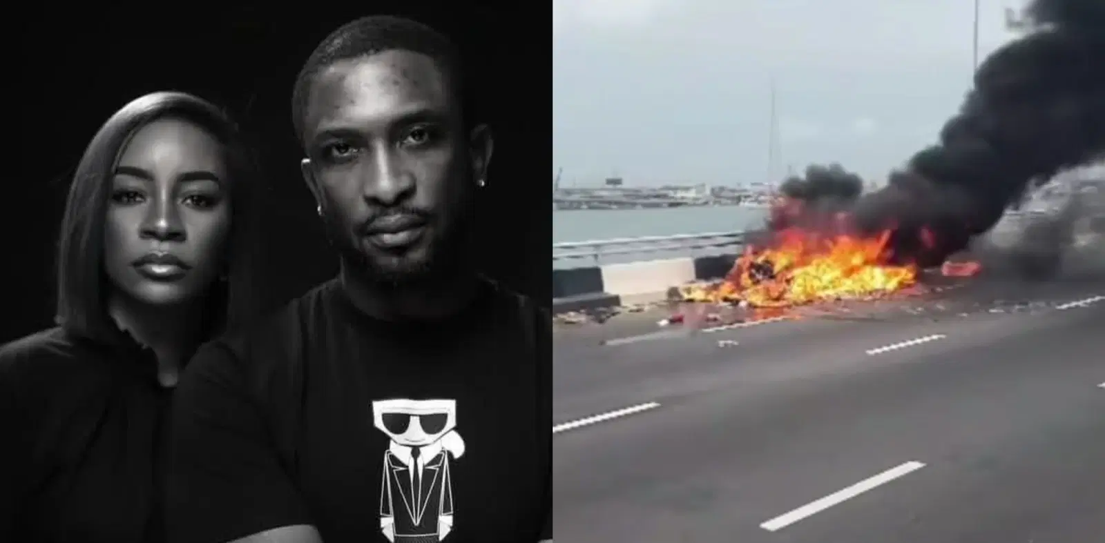Darey Art Alade’s car fire catches fire on Third Mainland Bridge