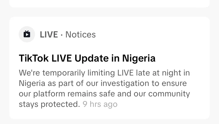 TikTok bans Nigerian users from going live at night